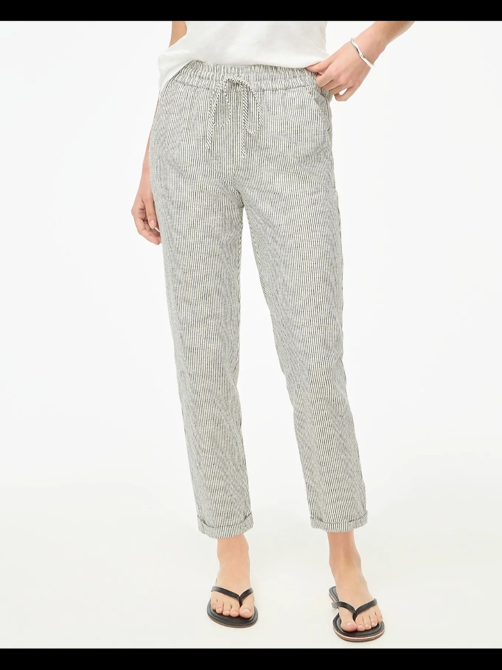NWOT J. CREW FACTORY Striped Drawstring Linen-Blend Cropped Pants Black/White 6